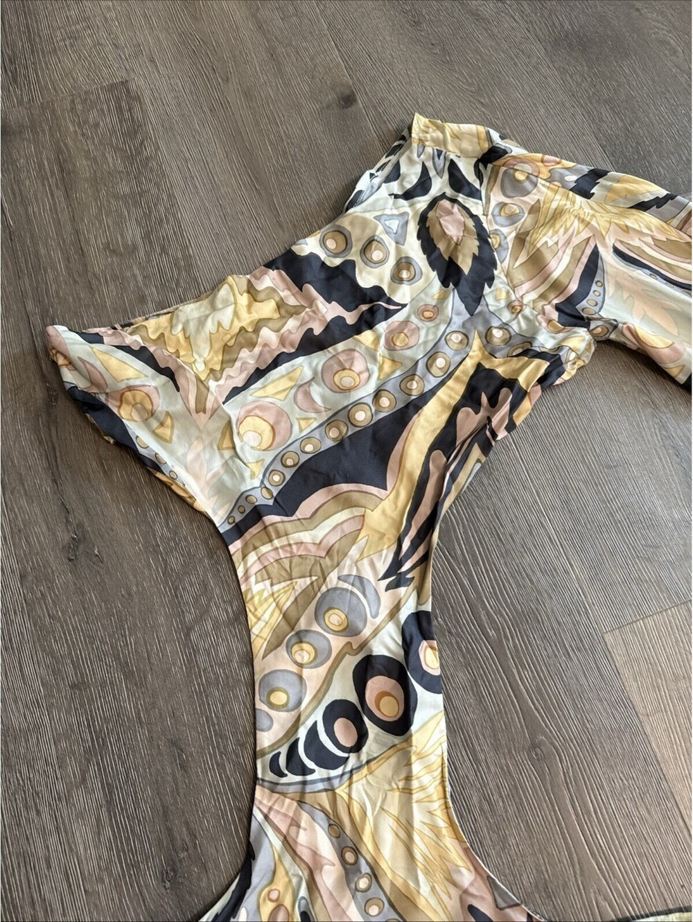 CULT GAIA Lucy One Sleeve Asymmetric Silk Blend Cutout 70's Print Mini Dress- M - Picture 3 of 11